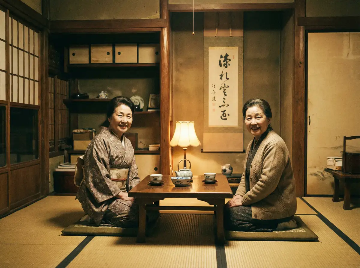 两位优雅的 jm 在日式茶室中品茶交谈